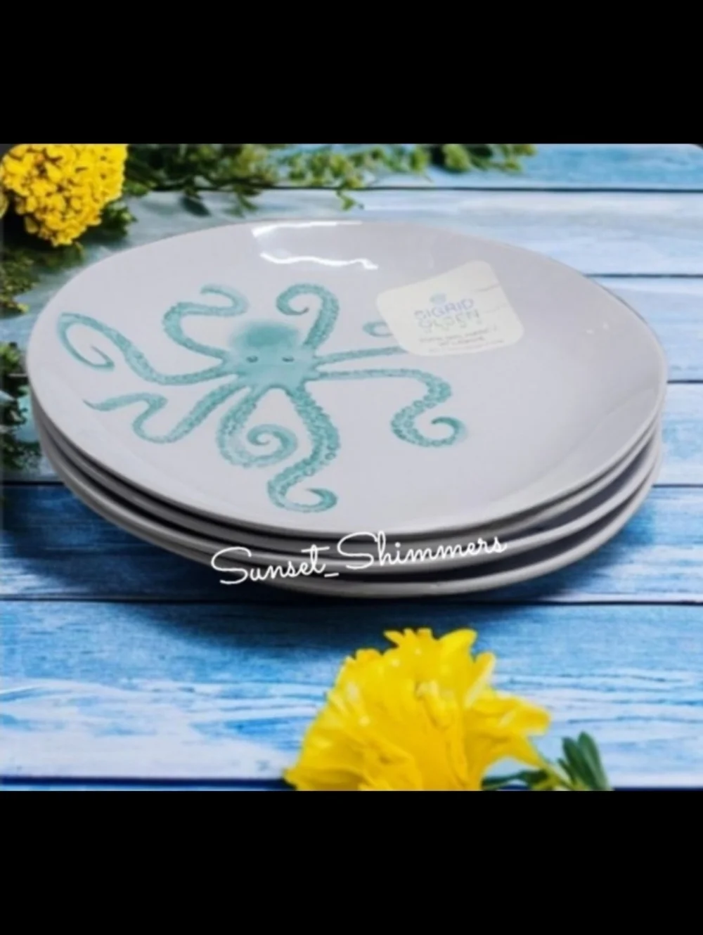 Sigrid Olsen Octopus 4 MELAMINE DINNER PLATES Turquoise, White, Tropical New